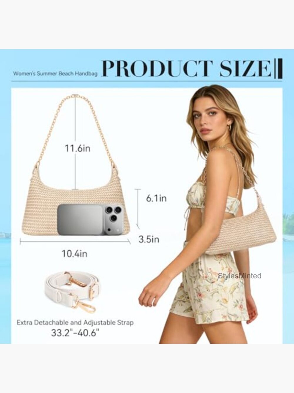 Woven Straw Beach Tote Bag Boho Crochet Shoulder Purse Summer Vacation Handbag - Picture 6 of 7
